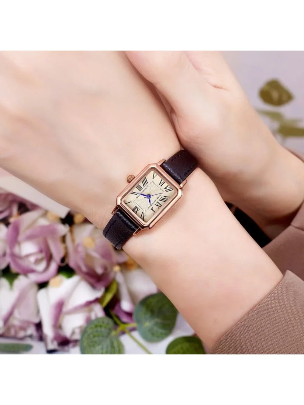 Elegant Vintage Leather Strap Watch for Women - Dainty Quartz Rectangle Wrist